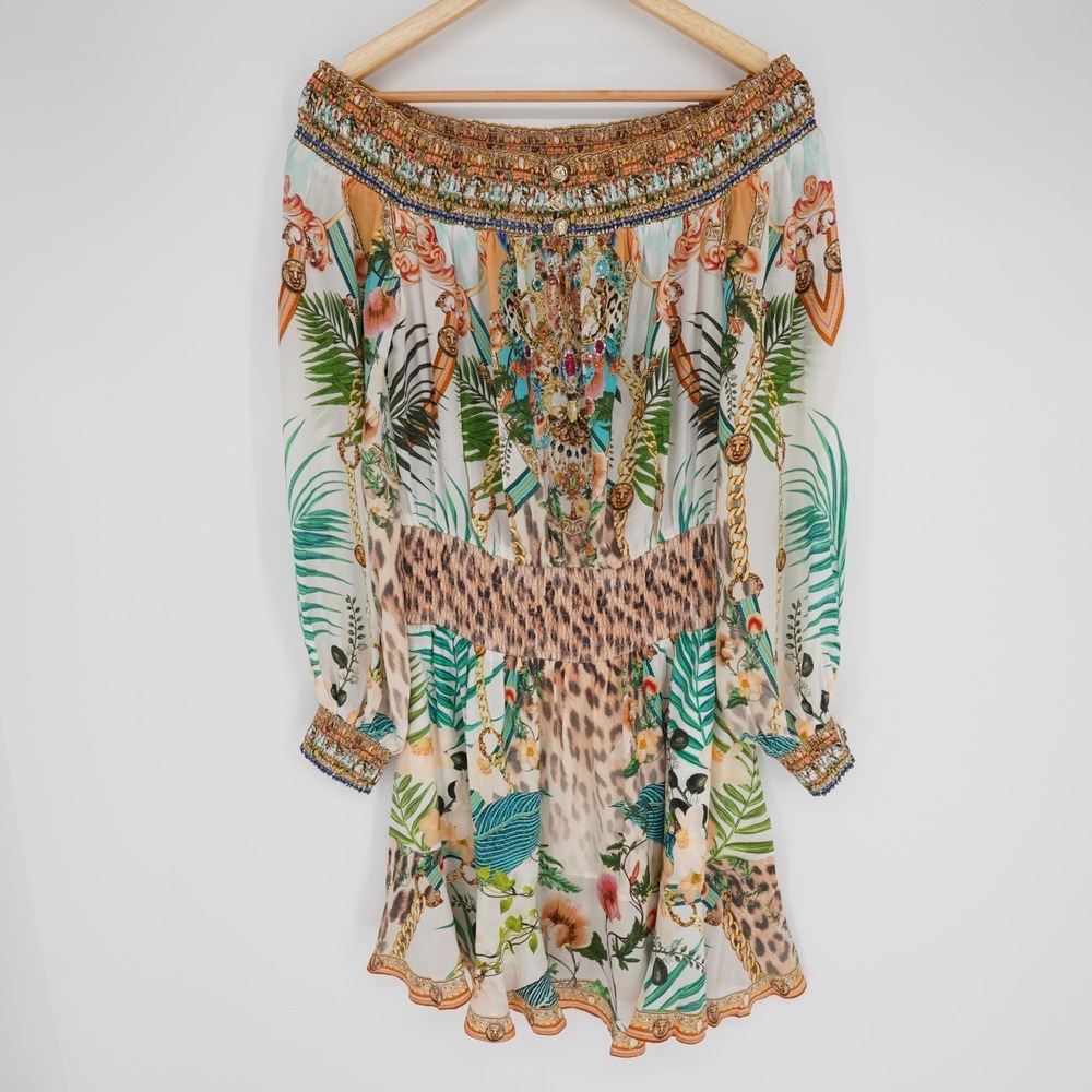 Camilla Silk Off Shoulder Embellished Mini Dress Animal Tropical Sz M Resort - Picture 2 of 16